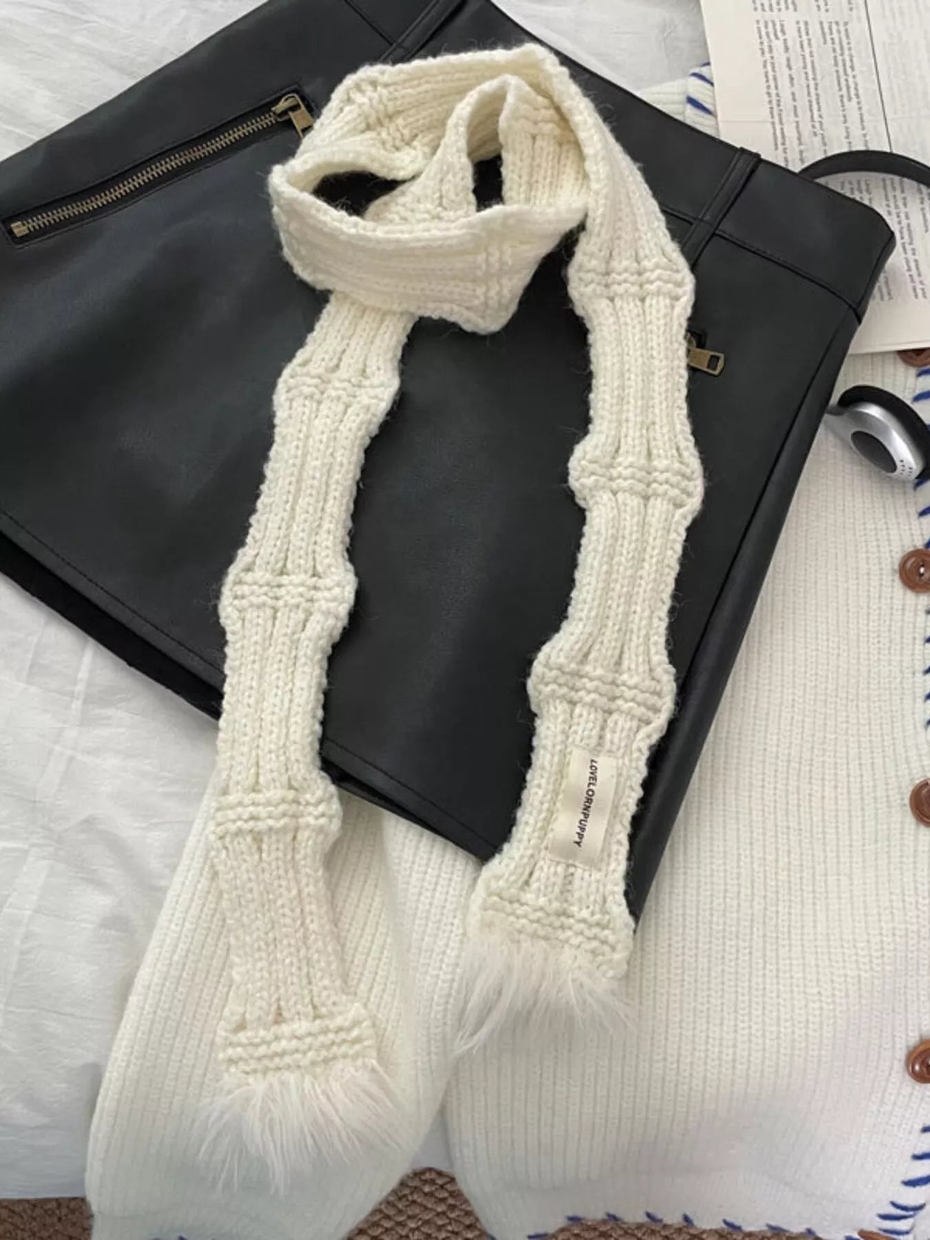 Sarah Express Women's Knitted Plush Trim Scarf White One Size