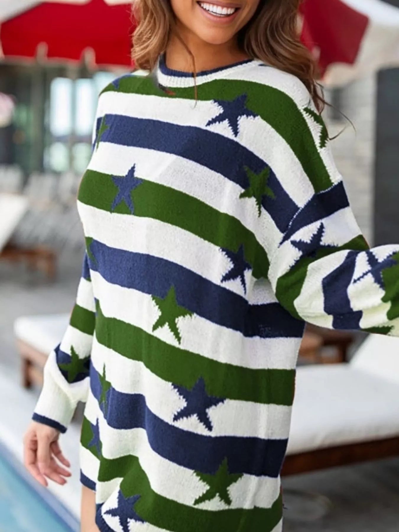 Sarah Express Women's Stars and Stripes Long Sleeve Sweater Green