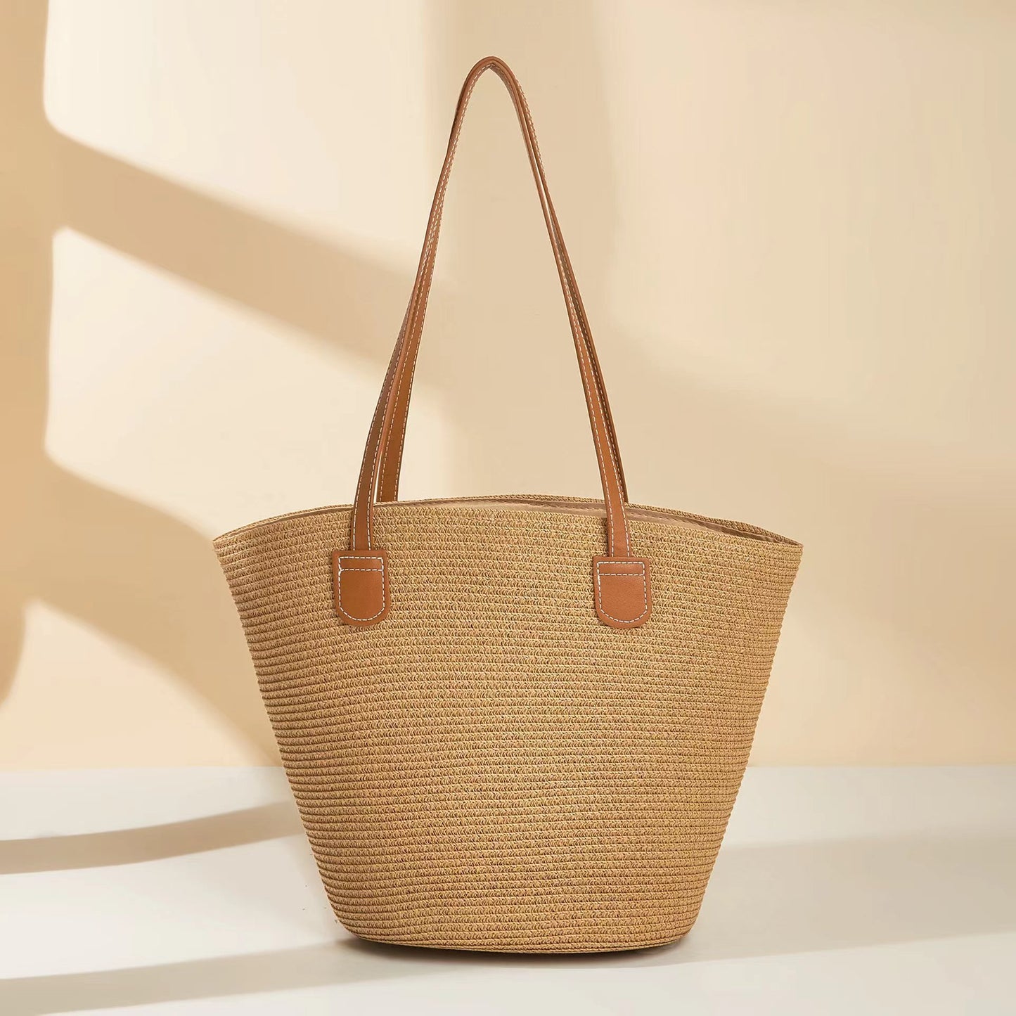 Sarah Express Women's Woven Straw Tote Bag - Minimalist Urban Casual Shoulder Bag with Zipper Compartment Khaki Pinstripes 42X28X13CM