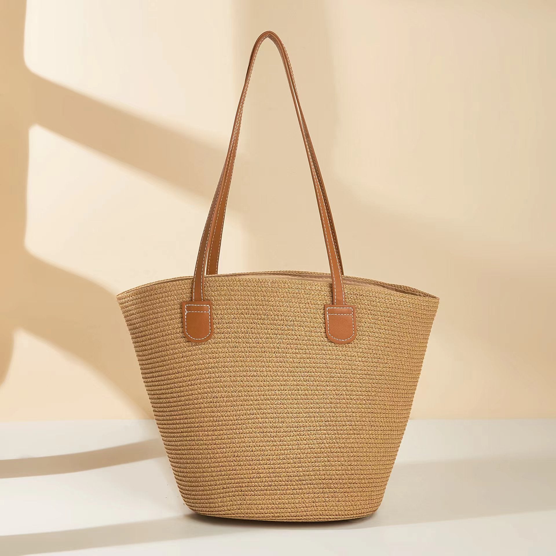 Sarah Express Women's Woven Straw Tote Bag - Minimalist Urban Casual Shoulder Bag with Zipper Compartment Khaki Pinstripes 42X28X13CM