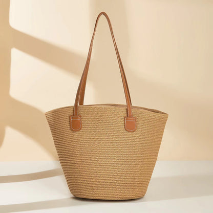 Sarah Express Women's Woven Straw Tote Bag - Minimalist Urban Casual Shoulder Bag with Zipper Compartment Khaki Pinstripes 42X28X13CM
