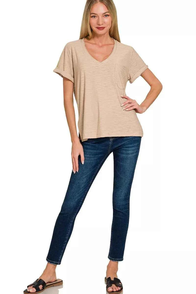 Sarah Express Women's Slub Rolled Short Sleeve V-Neck Tee