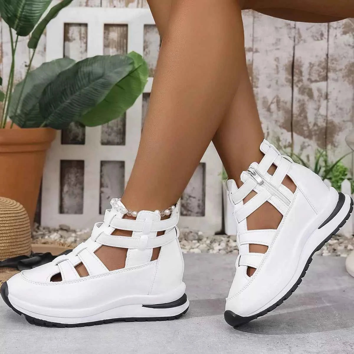 Sarah Express Women's Cutout Platform Sneakers - Trendy Low Heel PU Leather Shoes