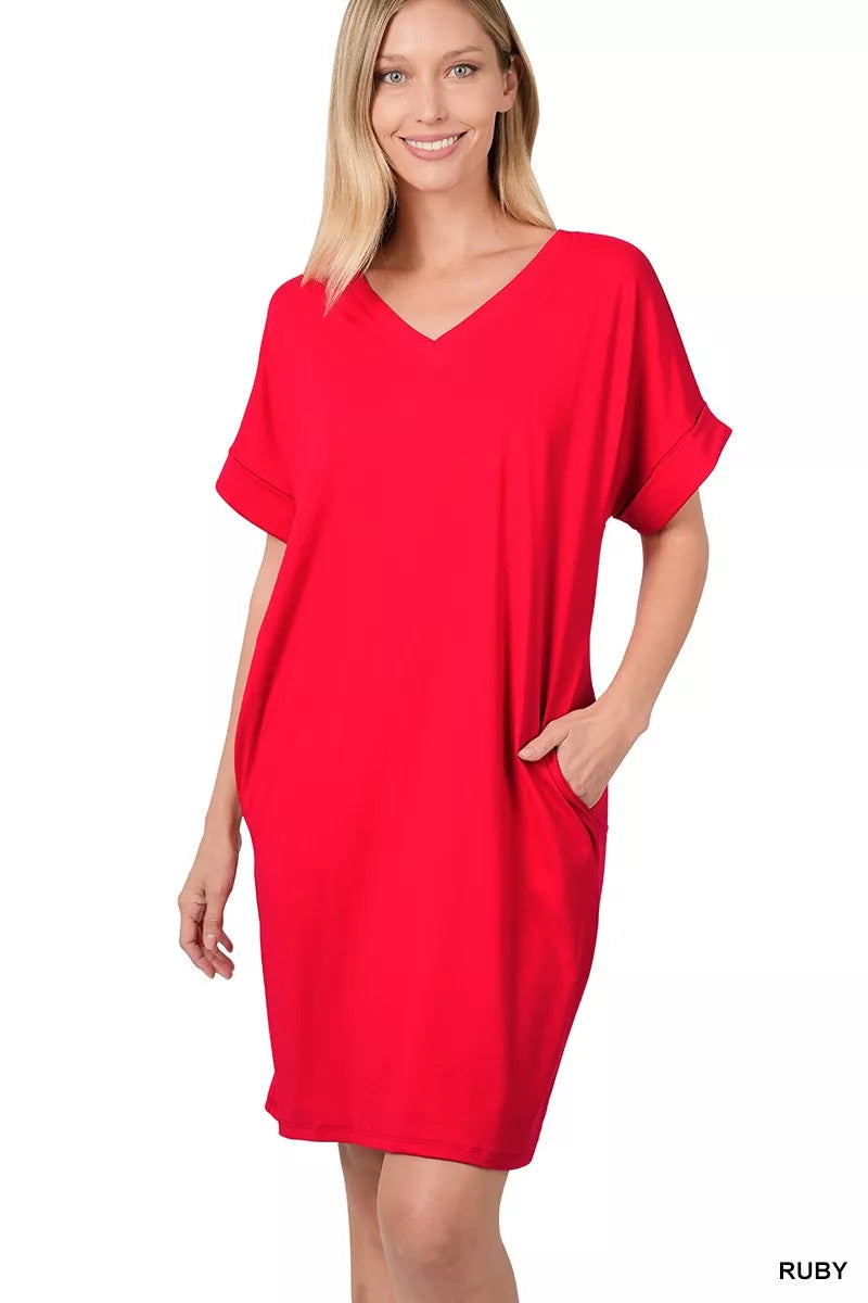 Sarah Express Women's Brushed DTY V-Neck Dress - Soft Rolled Short Sleeve Casual Dress RUBY