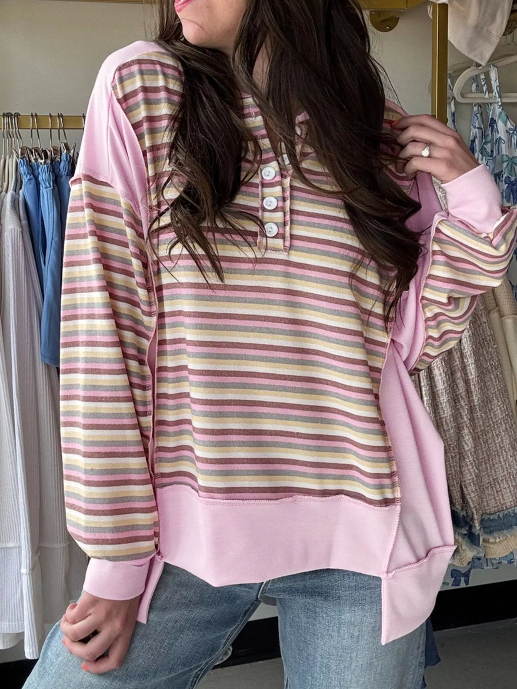 Sarah Express Women's Exposed Seam Color Block Striped Patchwork Loose Henley Sweatshirt Blush Pink