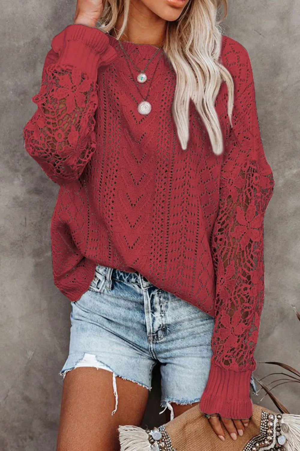 Sarah Express Women's Openwork Round Neck Long Sleeve Sweater Rust