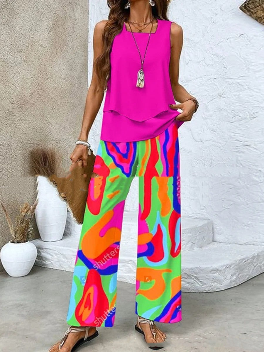 Sarah Express Women's Print Two-Piece Set Sleeveless Double Layer Vest Top Loose Straight Pants Floral Suit