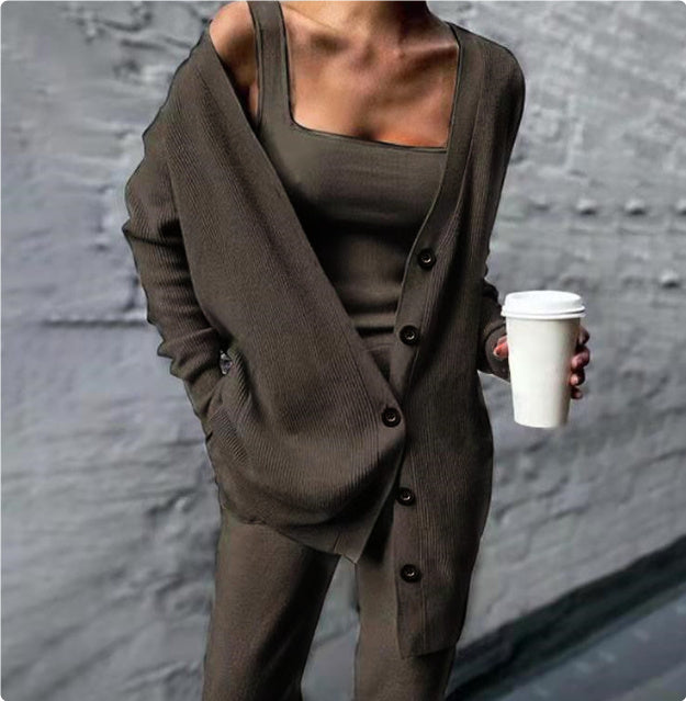 Sarah Express Knitted Three Piece Suit Set Cardigan Vest Pants Coordinated Outfit