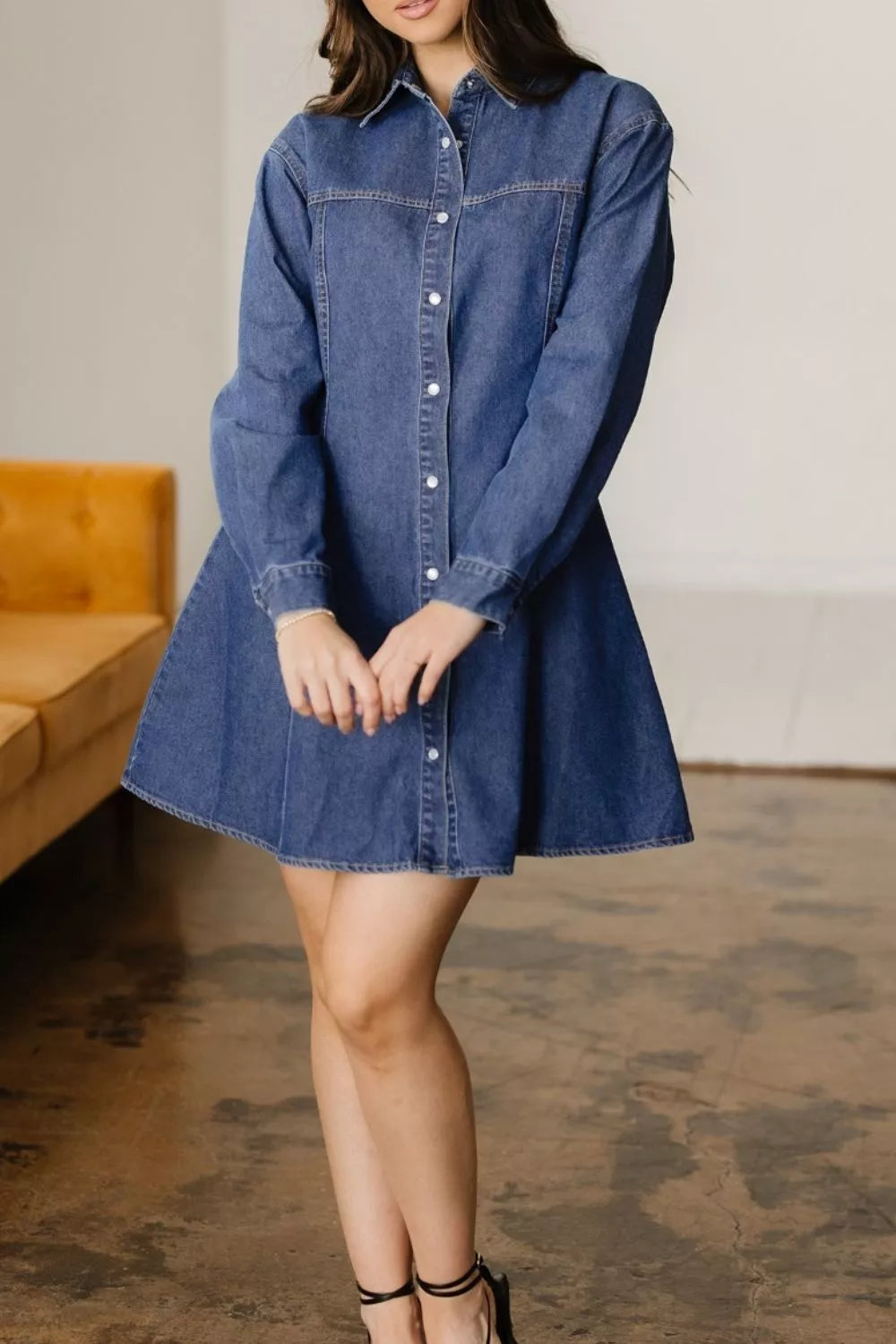 Sarah Express Women's Denim Shirt Collar Long Sleeve Flared Mini Dress