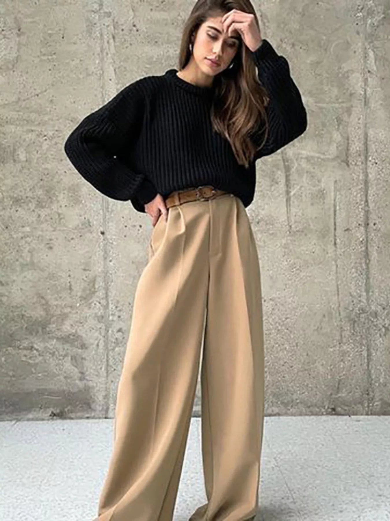 Sarah Express Women's Wide Leg Pleated Pants with Pockets - High Waist Palazzo Trousers