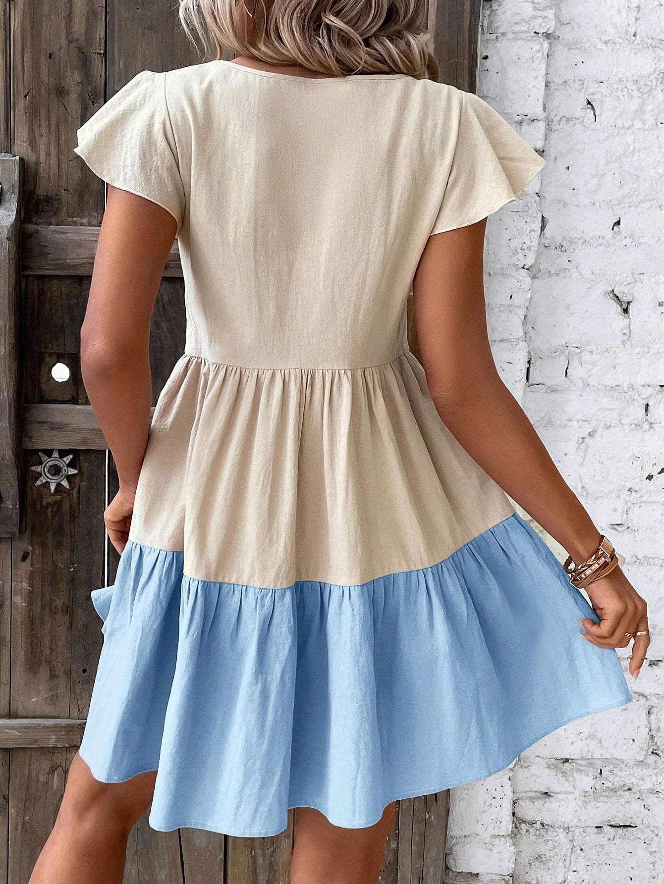 Sarah Express Women's Colorblock Smock Dress Keyhole Neckline Ruffle Hem Short Sleeve A-Line