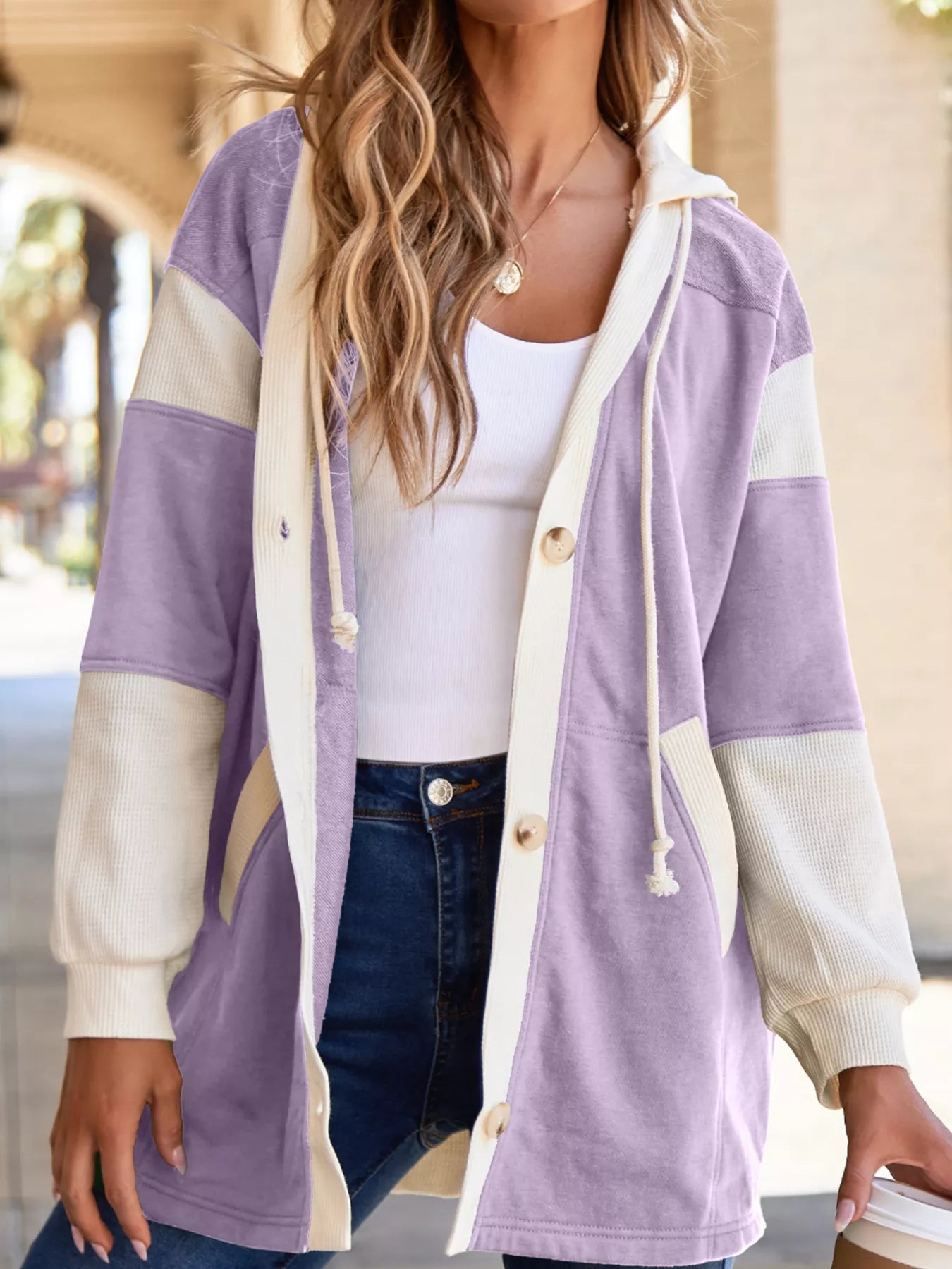 Sarah Express Women's Waffle Knit Color Block Patchwork Button Front Oversize Hoodie Lavender
