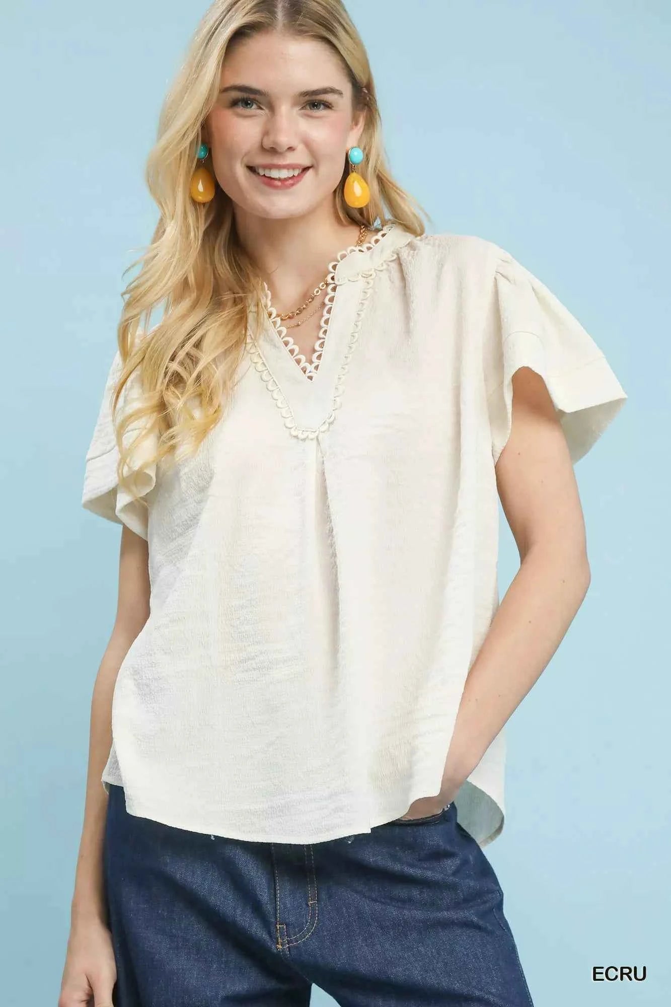 Sarah Express Women's Seersucker Short Sleeve Top with Lace Trim Detail ECRU