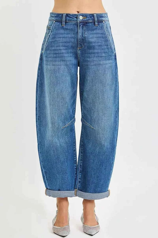 Sarah Express Women's Slouchy Cropped Barrel Jeans with Cuffed Hem - RISEN