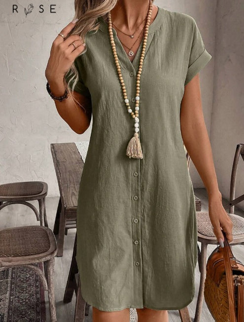 Sarah Express Notched Button Front Batwing Sleeve Cotton Shirt Dress