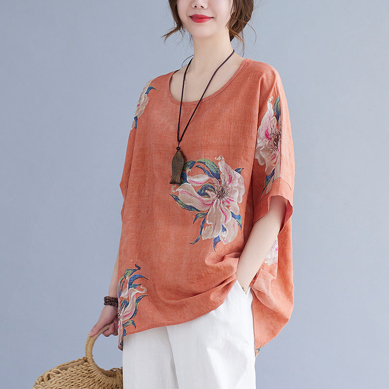 Sarah Express Women's Cotton Linen Printed Top Oversized Short Sleeve Summer Casual Relaxed Fit