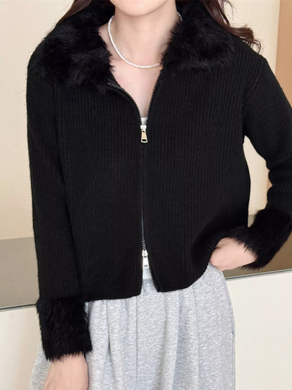 Sarah Express Women's Fluffy Trim Zip-Up Cardigan Black One Size