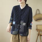 Sarah Express Women's Vintage Patch Cardigan Jacket Cotton-Padded Buckle Closure Rhombus Pattern Coat
