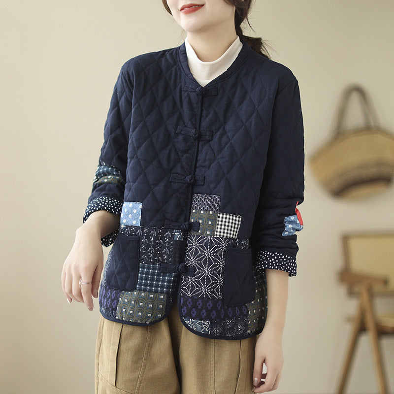 Sarah Express Women's Vintage Patch Cardigan Jacket Cotton-Padded Buckle Closure Rhombus Pattern Coat