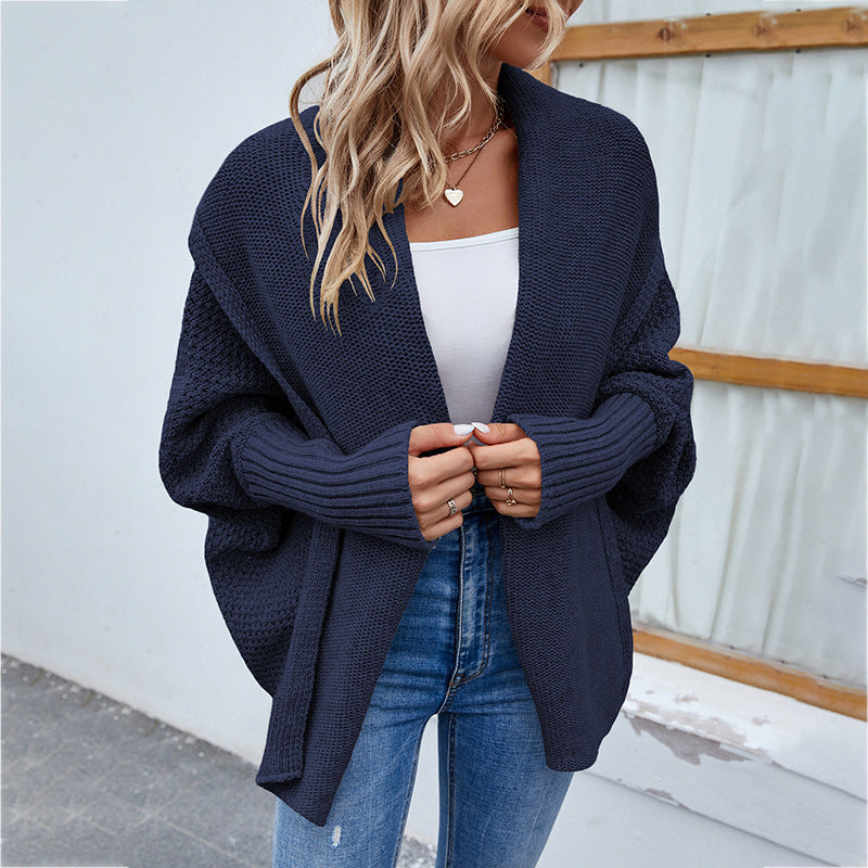Sarah Express Women's Oversized Knit Cardigan - Batwing Sleeve Open Front Sweater Jacket Navy Blue