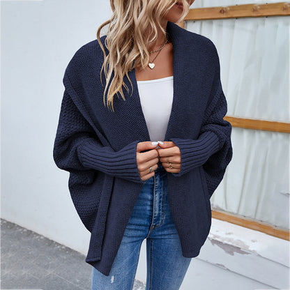 Sarah Express Women's Oversized Knit Cardigan - Batwing Sleeve Open Front Sweater Jacket Navy Blue