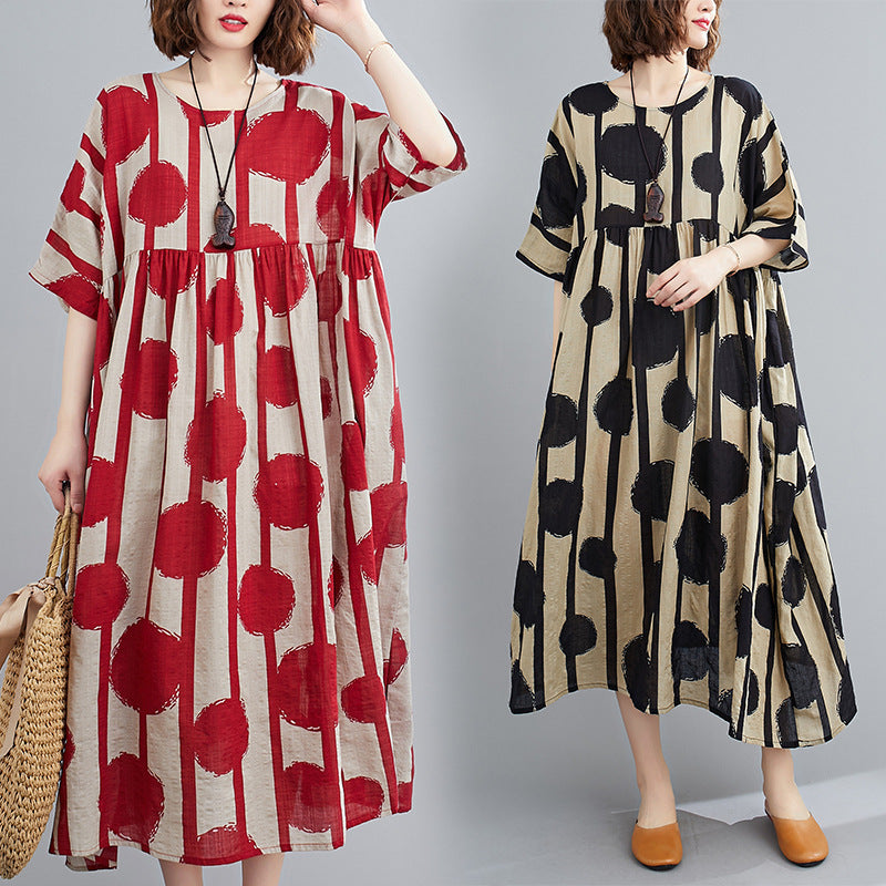 Sarah Express Printed Cotton Blend Short Sleeve Dress Loose Fit One Size