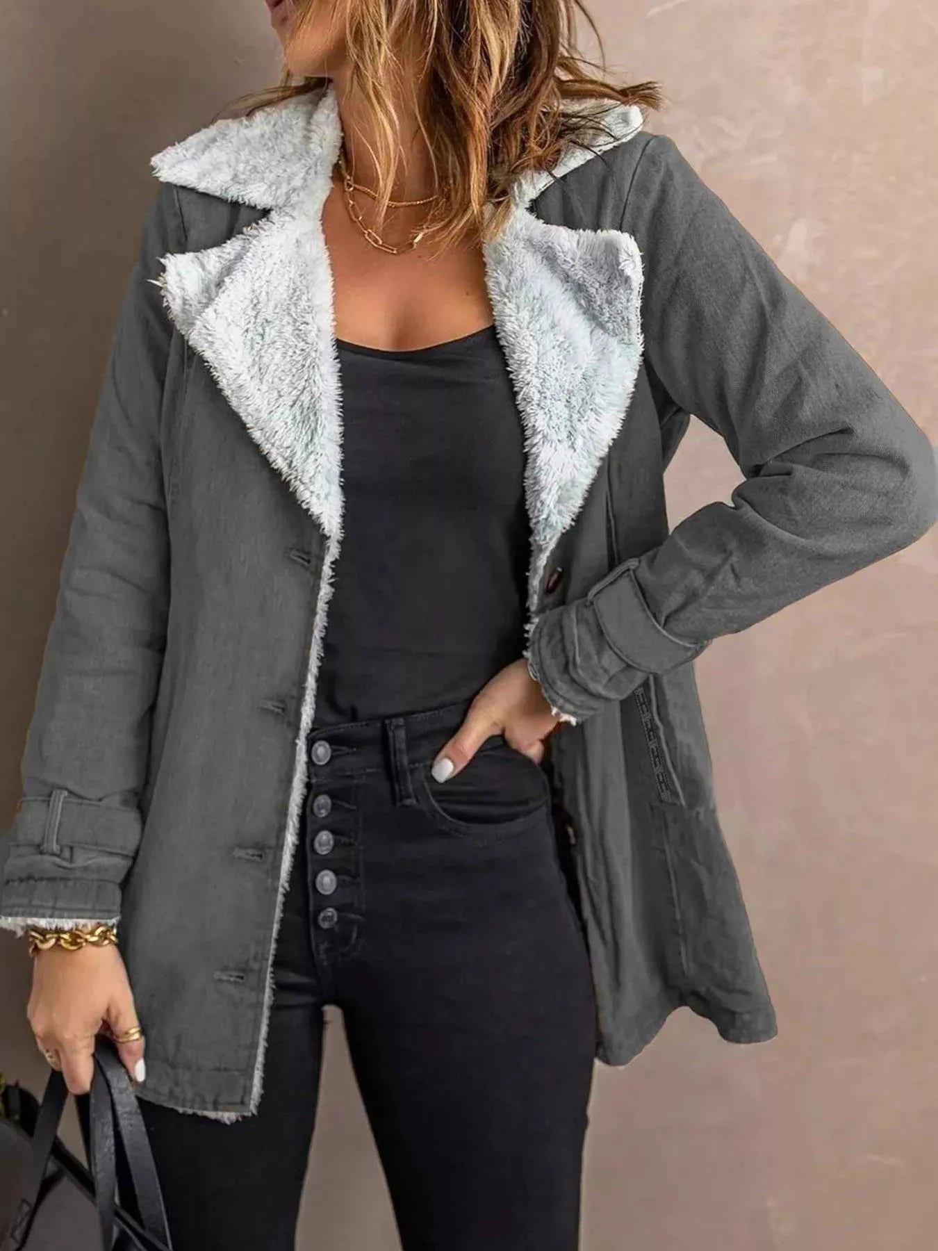 Sarah Express Women's Sherpa Lined Button Up Jacket - Cozy Fleece Outerwear Plus Size Gray