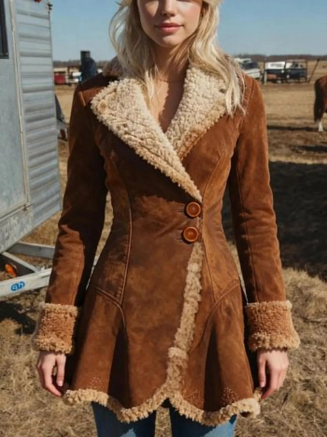 Sarah Express Women's Vintage Suede Sherpa Trimmed Winter Coat