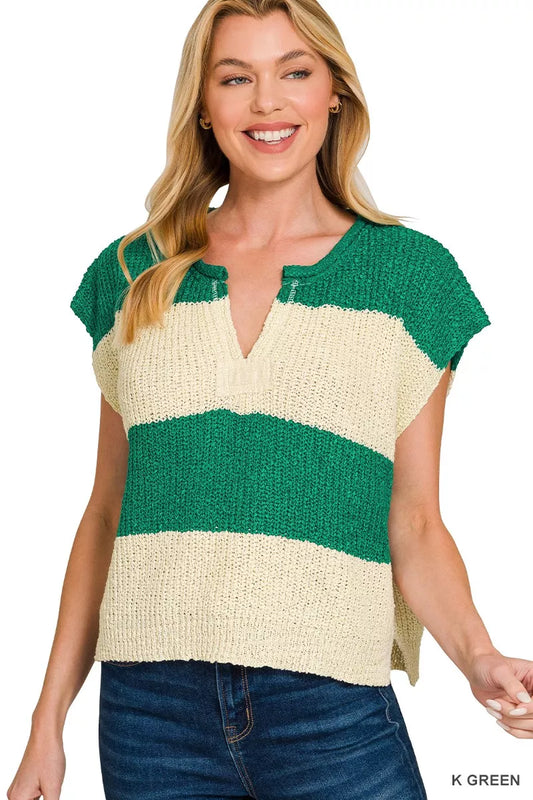 Sarah Express Women's Split Neck Sleeveless Stripe Sweater K GREEN