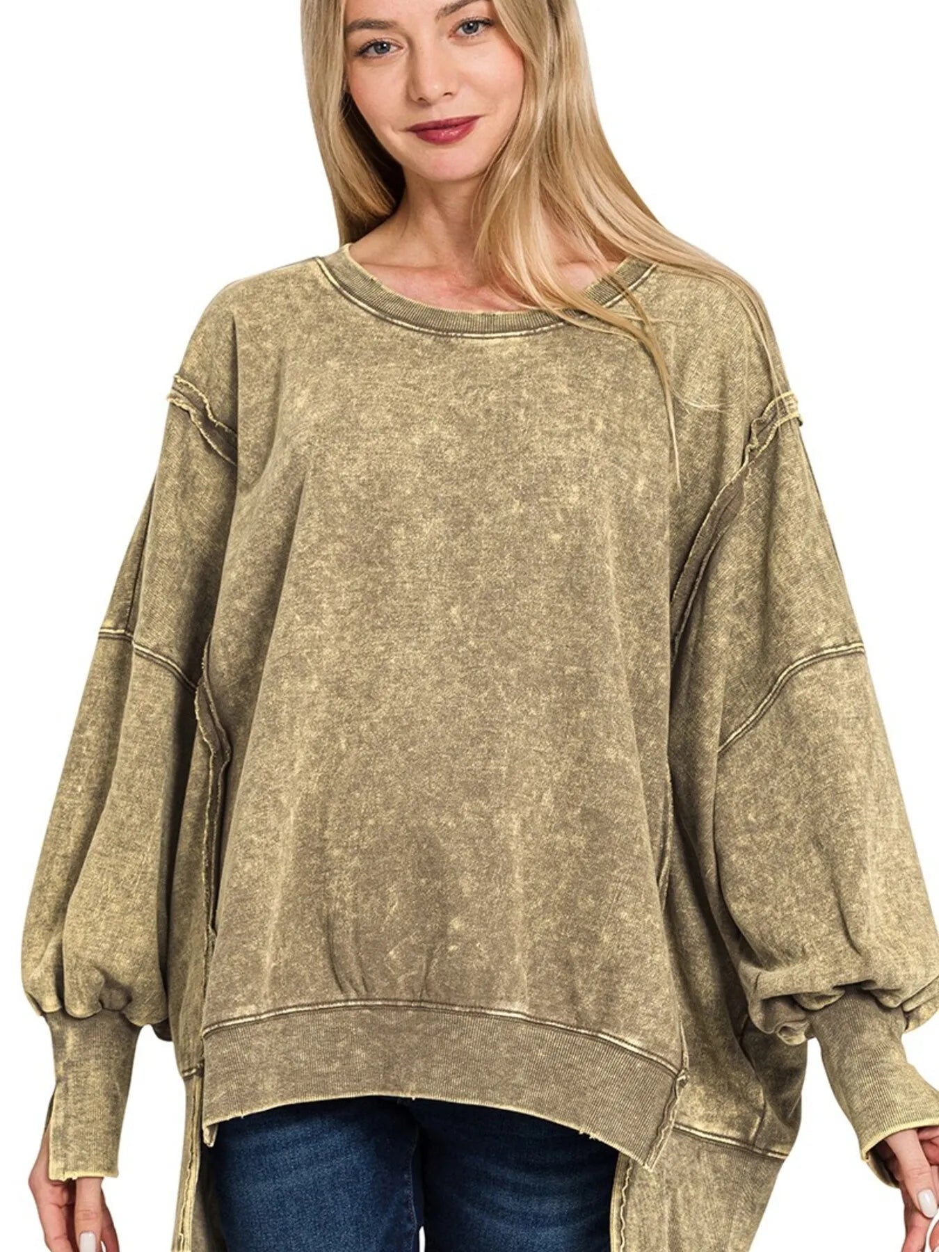 Sarah Express Women's Acid Wash Sweatshirt | Exposed Seam High-Low | 100% Cotton | S/M-L/XL