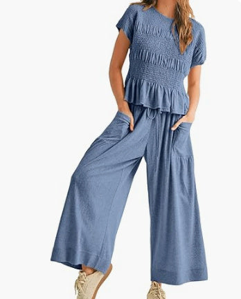 Sarah Express Pleated Top Wide Leg Pants 2-Piece Matching Set