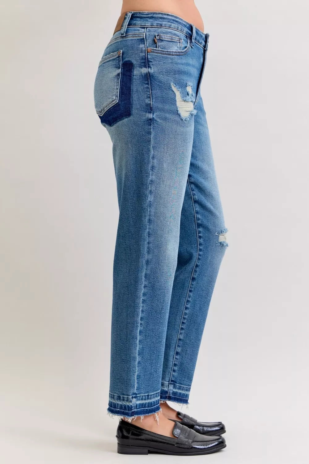 Sarah Express Women’s Plus Size Distressed Boyfriend Jeans with Patch & Repair
