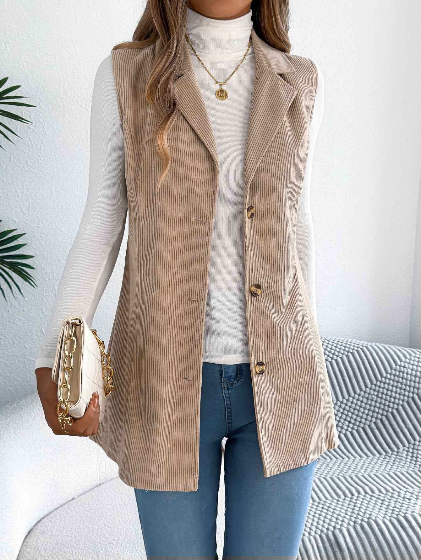 Sarah Express Women's Single-Breasted Corduroy Vest Jacket Blazer