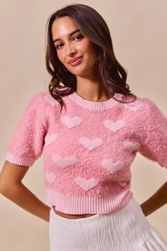 Sarah Express Women's All Over Heart Valentine Cropped Sweater PINK BLUSH