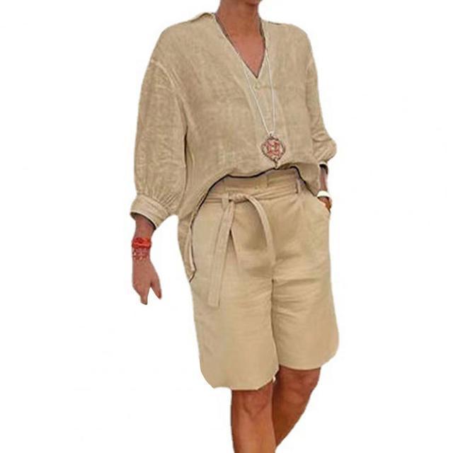 Sarah Express Women's Cotton Linen Half Sleeve Top and Capri Pants Two-Piece Casual Set