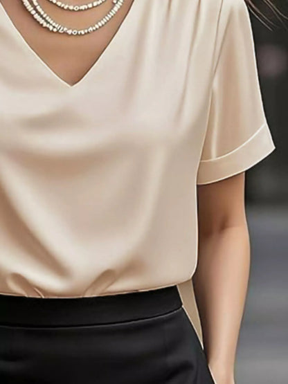 Sarah Express Women's V-Neck Short Sleeve Satin Blouse