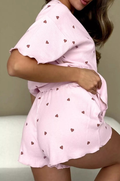 Sarah Express Women's Heart Print Ribbed Knit Lounge Set - Top and Shorts