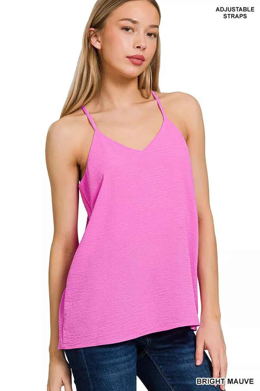 Sarah Express Women's Woven Airflow Adjustable Strap V-Neck Cami Top