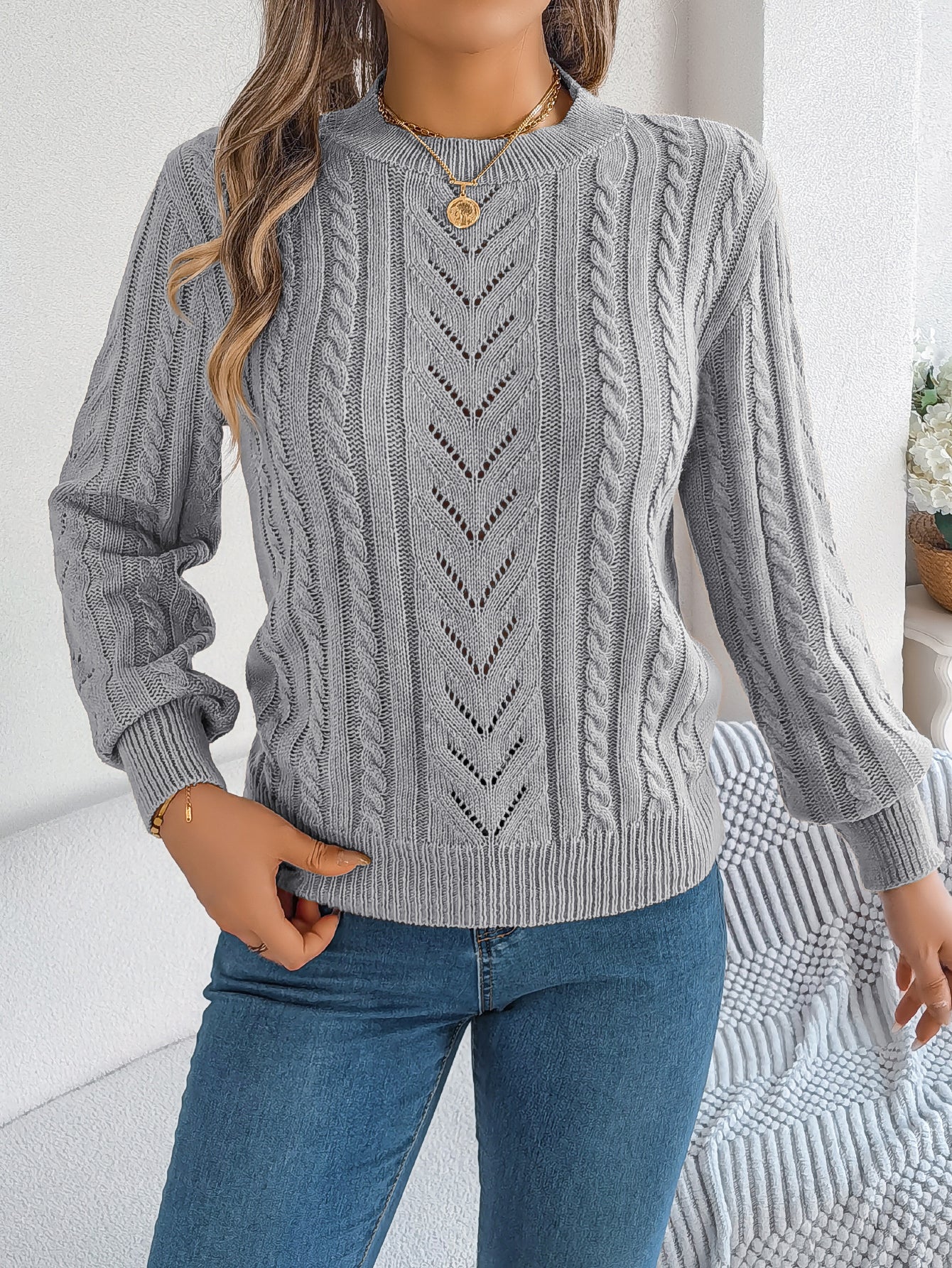 Sarah Express Women's Hollow Out Lantern Sleeve Pullover Sweater - Casual Solid Color Knitwear Gray