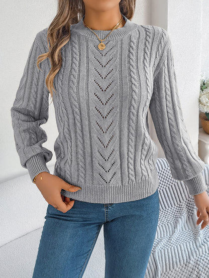 Sarah Express Women's Hollow Out Lantern Sleeve Pullover Sweater - Casual Solid Color Knitwear Gray