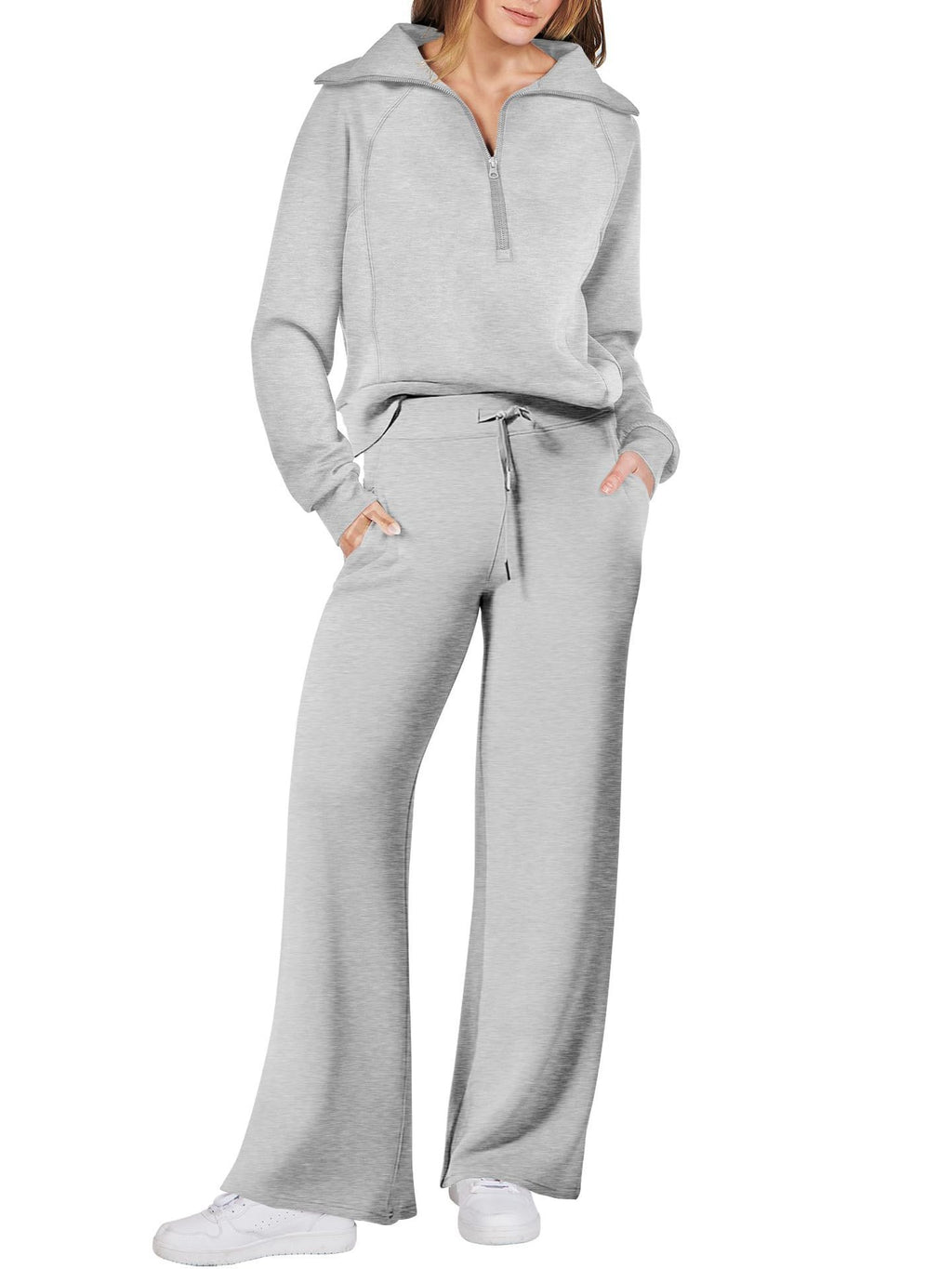 Sarah Express Women's Long Sleeve Zipper Sweatshirt and Wide-Leg Pants Athleisure Set
