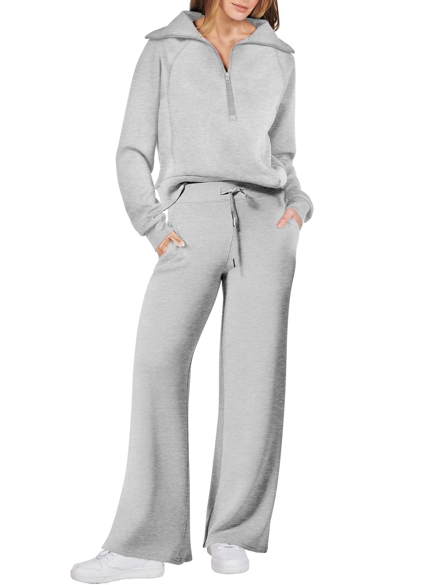 Sarah Express Women's Long Sleeve Zipper Sweatshirt and Wide-Leg Pants Athleisure Set