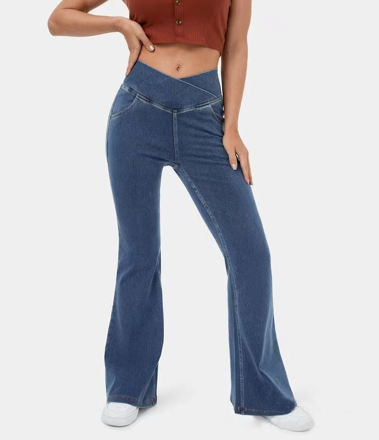 Sarah Express Women's Mid-Waist Bell Bottom Flare Jeans Denim Pants
