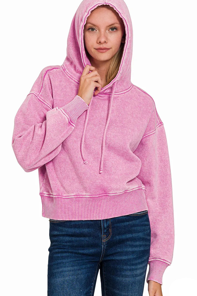 Sarah Express Women's Acid Wash Cropped Hoodie | Fleece Drawstring | Cotton Blend | S-L
