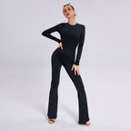 Sarah Express Women's Long Sleeve Open-Back Slim-Fit Straight-Leg Jumpsuit Evening Wear