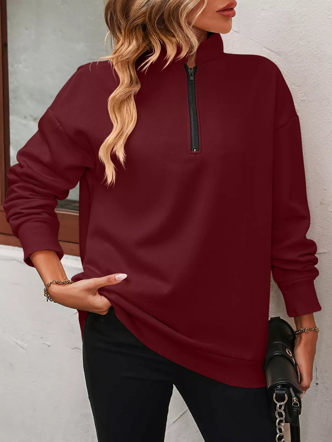 Sarah Express Women's Quarter Zip Dropped Shoulder Sweatshirt Burgundy