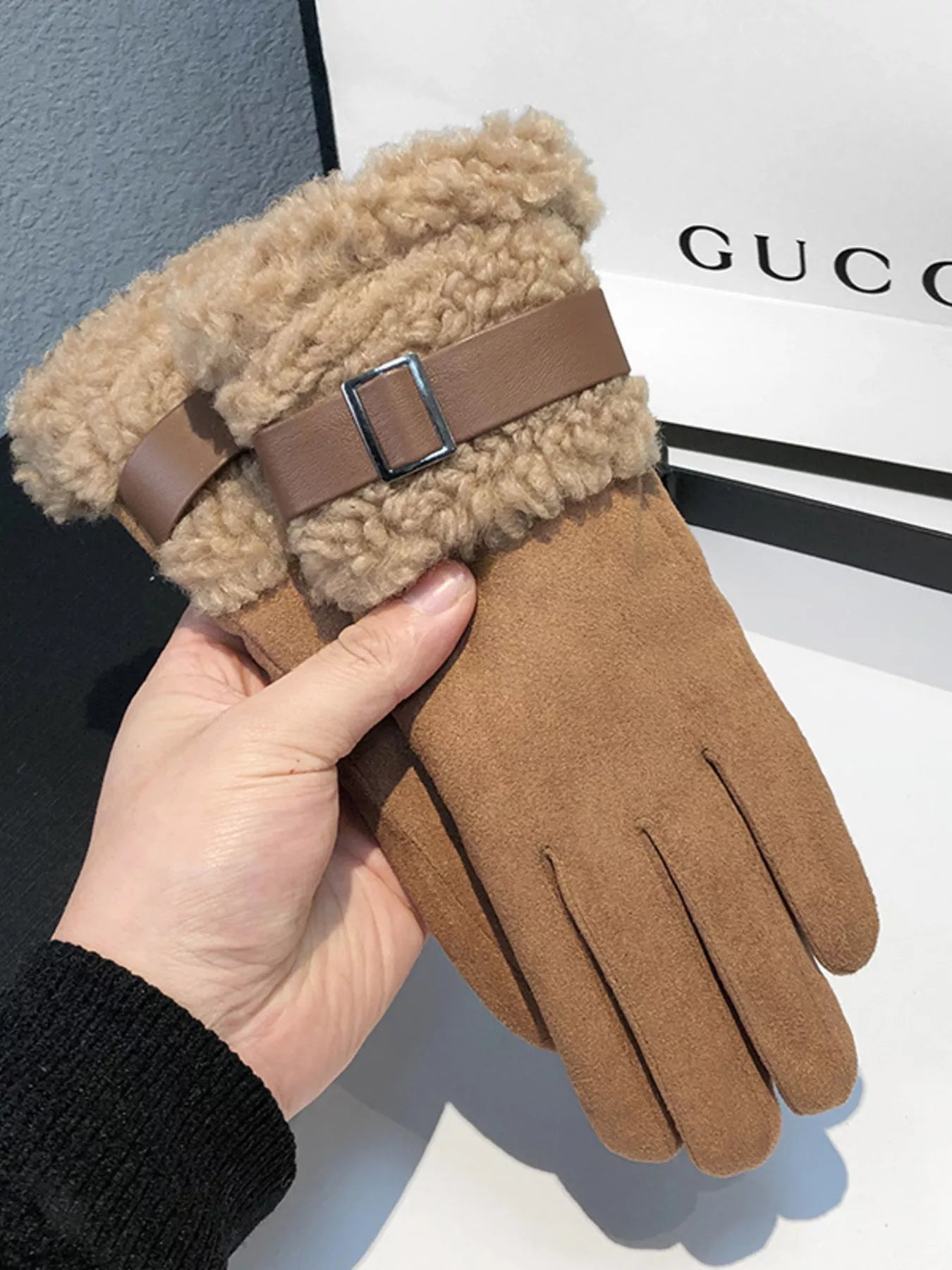 Sarah Express Women's Suede Gloves with Faux Fur Cuff - Winter Warm Touchscreen Compatible Brown ONESIZE