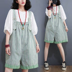 Sarah Express Women's Striped Denim Shortalls High Waist Wide Leg - Summer Casual Urban Overalls
