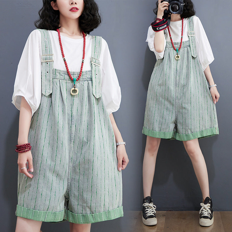Sarah Express Women's Striped Denim Shortalls High Waist Wide Leg - Summer Casual Urban Overalls