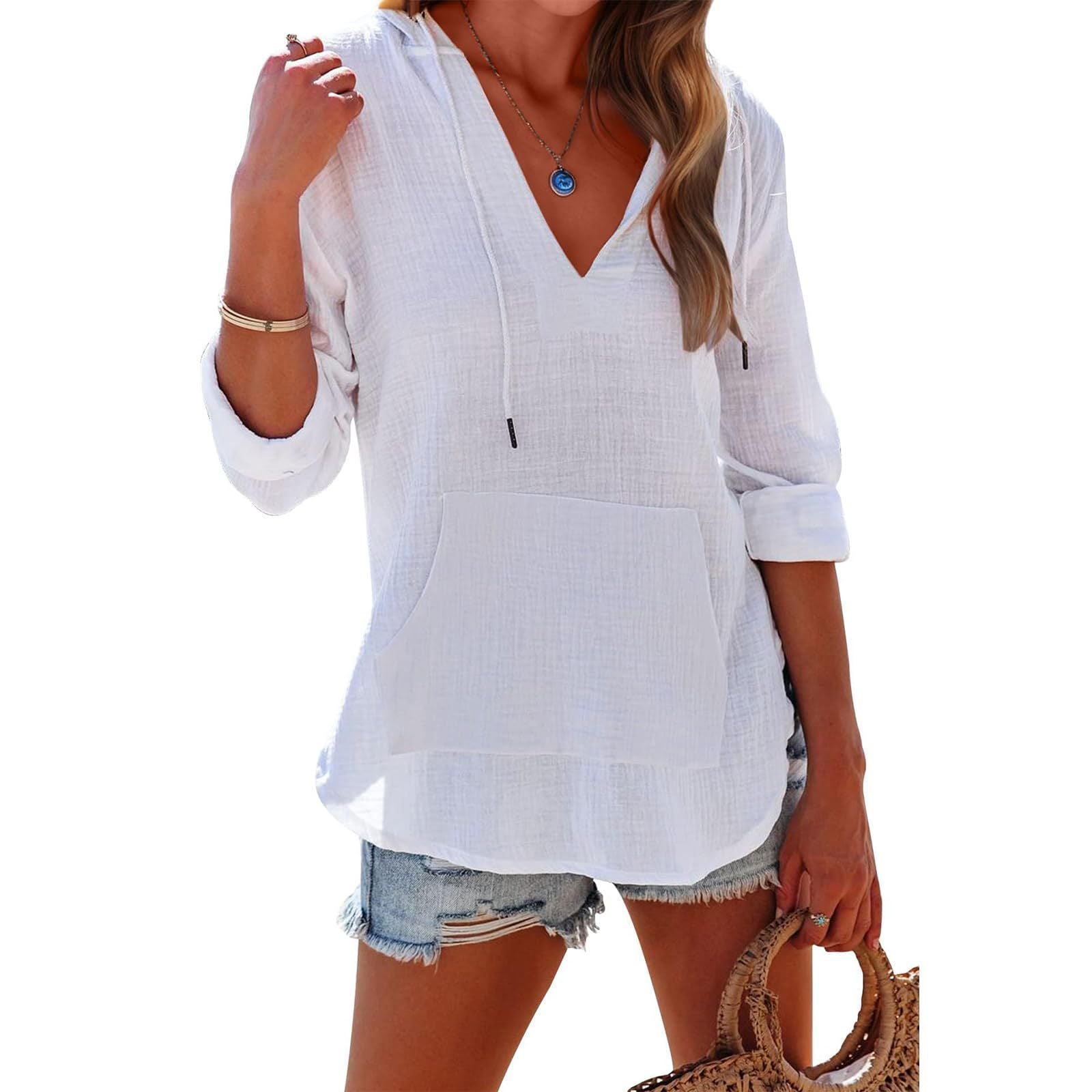 Sarah Express Women's V-Neck Hooded Shirt Long Sleeve Pockets Loose Fit